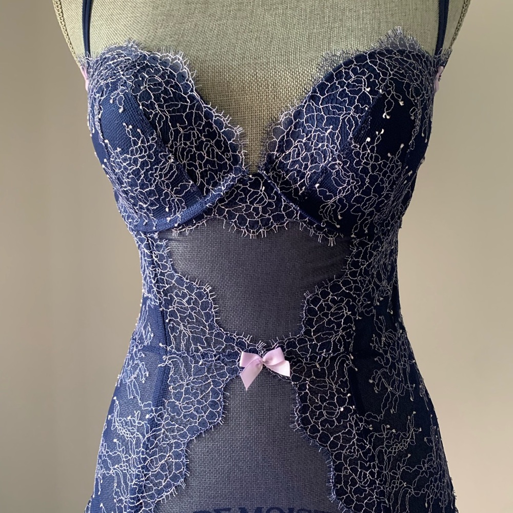 NWT ❤️ Victoria’s Secret Blue and Pink Lace Mesh Bustier with stocking belts - Picture 2 of 9